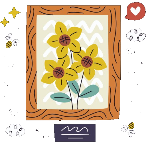 A framed painting of sunflowers